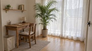 家具を買わずに、布と壁と緑で変える一人暮らしの部屋 の部屋イメージ（AIで作ったイメージ・実物とは異なります）