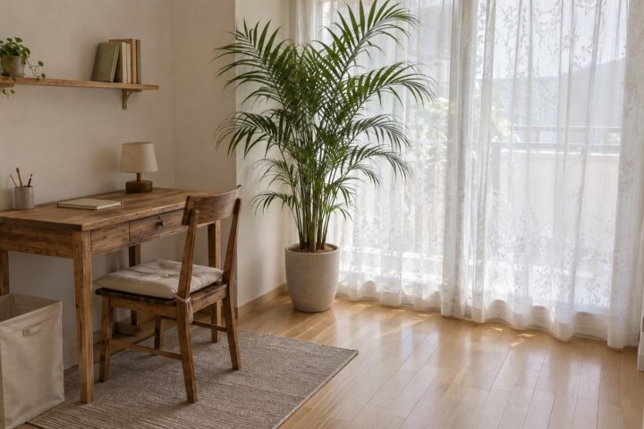 家具を買わずに、布と壁と緑で変える一人暮らしの部屋 の部屋イメージ（AIで作ったイメージ・実物とは異なります）