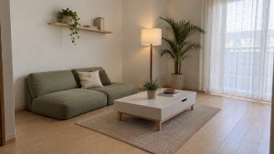 ゆったり座って過ごす、低さでそろえた北欧のリビング の部屋イメージ（AIで作ったイメージ・実物とは異なります）