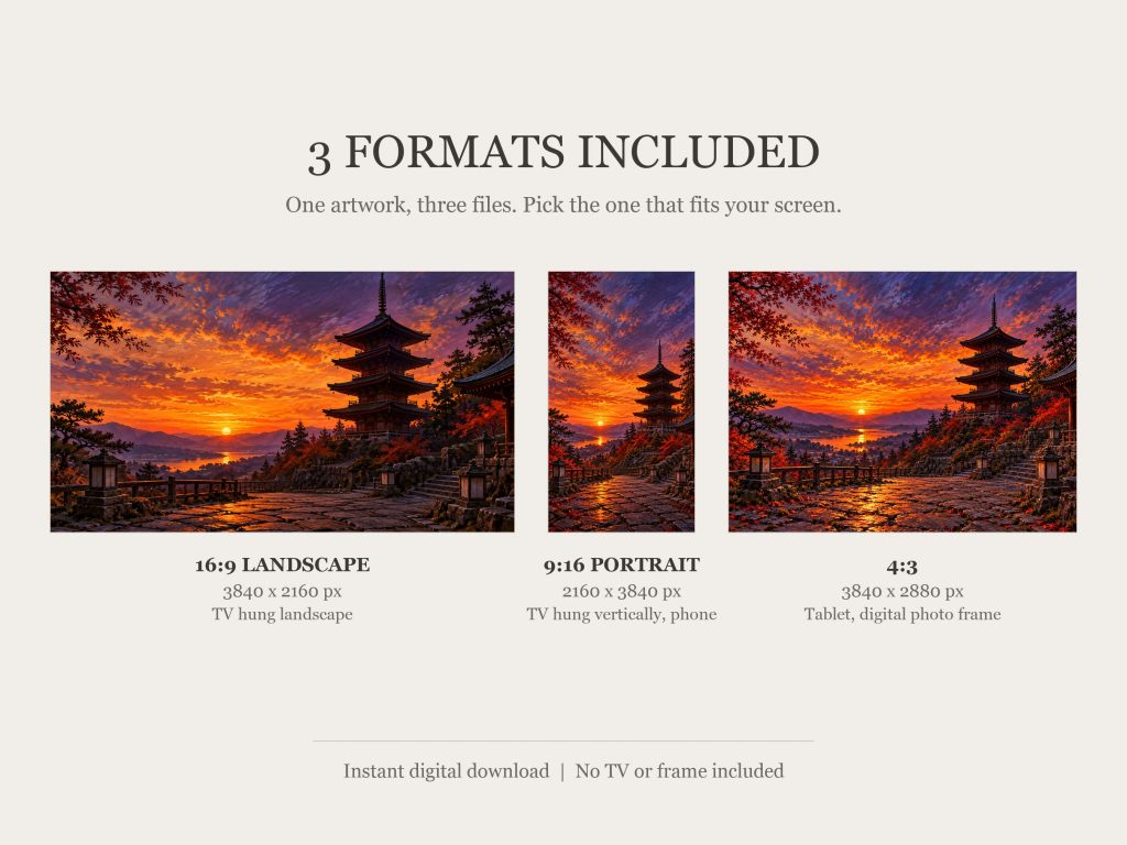 Five-story Pagoda at Dusk: the three included formats, 16:9, 9:16 and 4:3