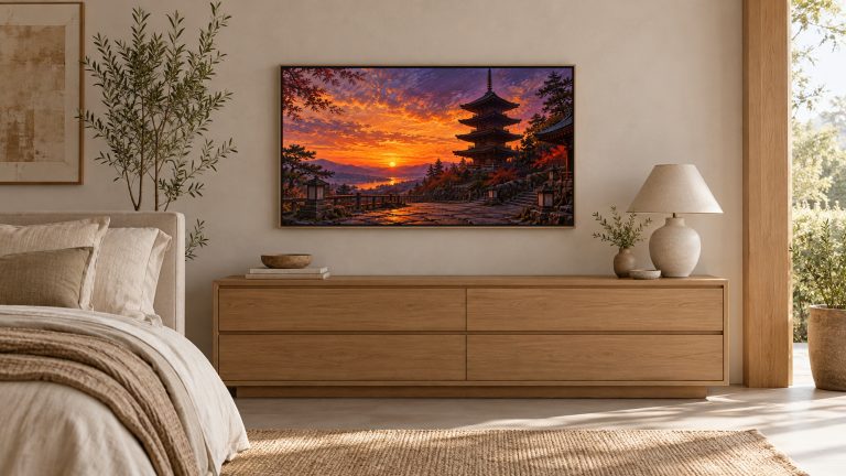 Five-story Pagoda at Dusk shown on a wall-mounted 16:9 TV in a bedroom