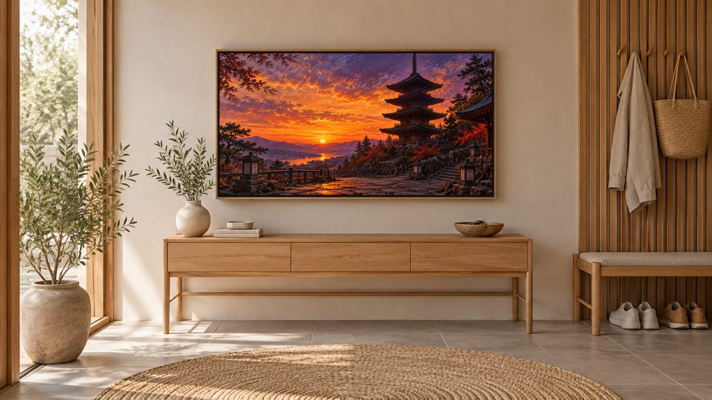 Five-story Pagoda at Dusk shown on a wall-mounted 16:9 TV in an entryway