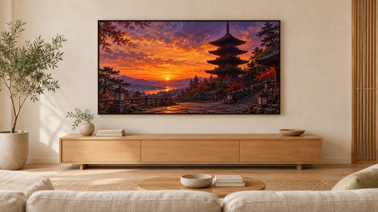 Five-story Pagoda at Dusk shown on a wall-mounted 16:9 TV in a living room