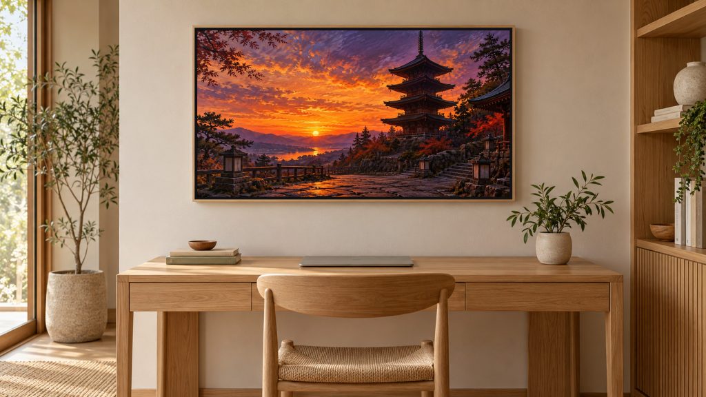 Five-story Pagoda at Dusk shown on a wall-mounted 16:9 TV in a home office