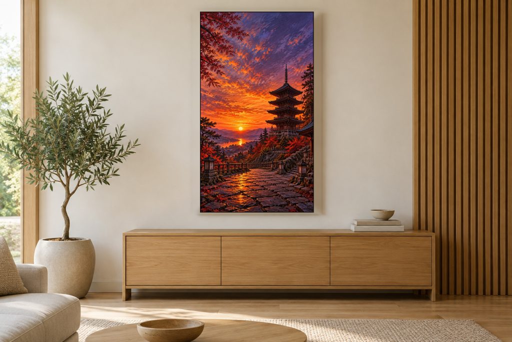 Five-story Pagoda at Dusk shown on a vertically mounted TV in a room setting