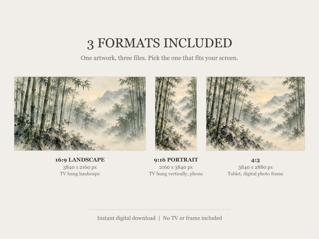 Bamboo Forest in Mist: the three included formats, 16:9, 9:16 and 4:3