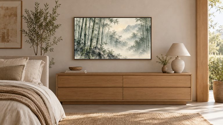 Bamboo Forest in Mist shown on a wall-mounted 16:9 TV in a bedroom