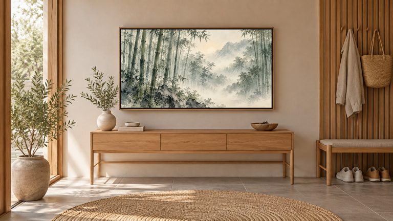 Bamboo Forest in Mist shown on a wall-mounted 16:9 TV in an entryway