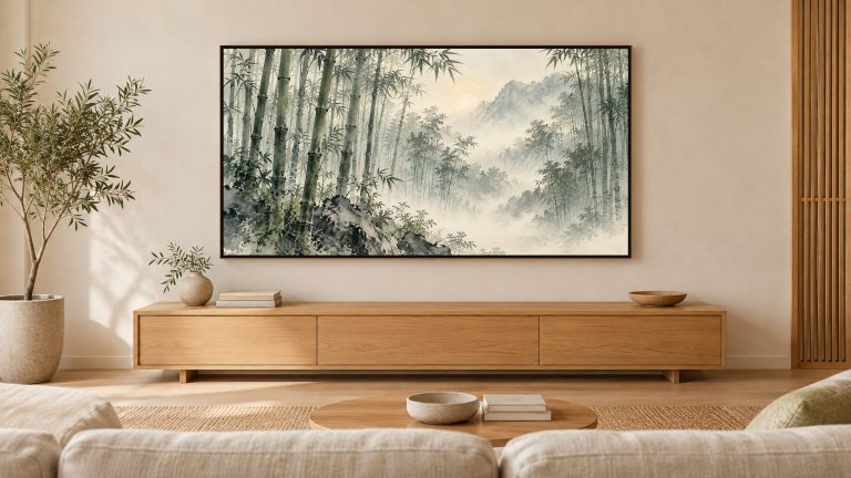 Bamboo Forest in Mist shown on a wall-mounted 16:9 TV in a living room