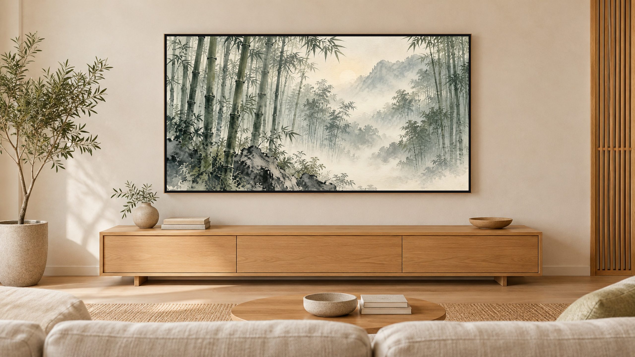 Bamboo Forest in Mist shown on a wall-mounted 16:9 TV in a living room