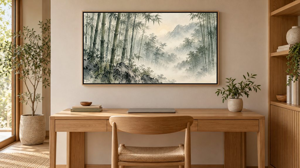Bamboo Forest in Mist shown on a wall-mounted 16:9 TV in a home office