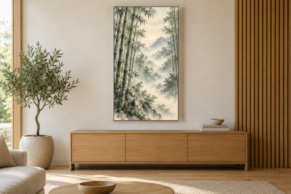 Bamboo Forest in Mist shown on a vertically mounted TV in a room setting