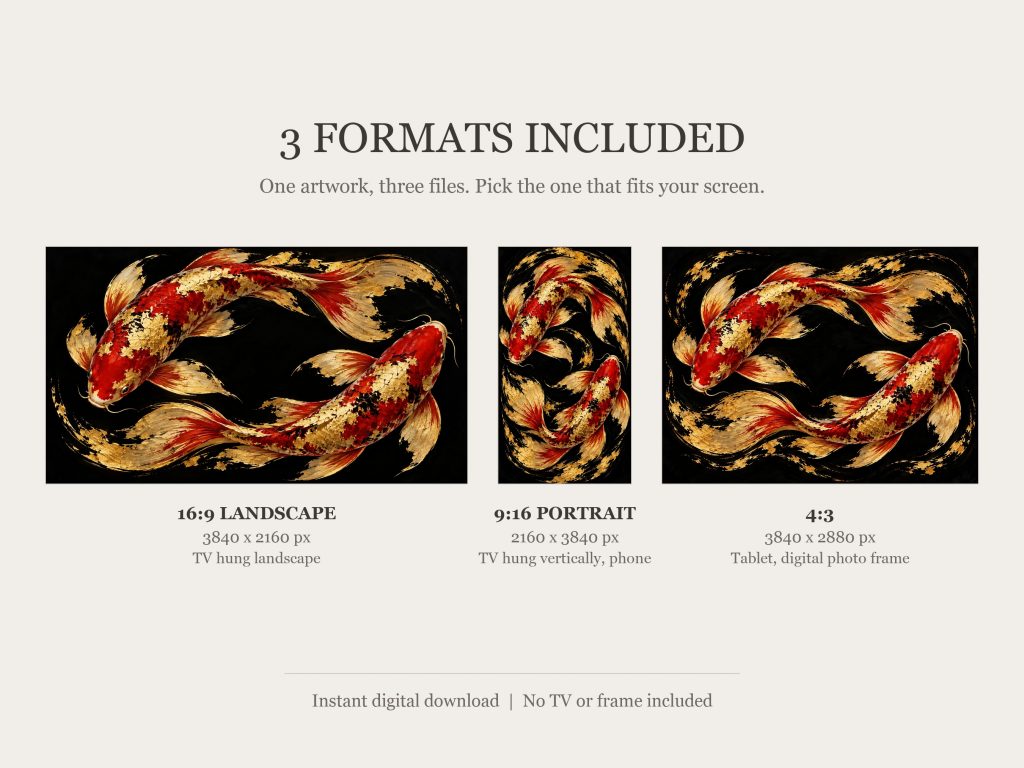 Black and Gold Koi from Above: the three included formats, 16:9, 9:16 and 4:3