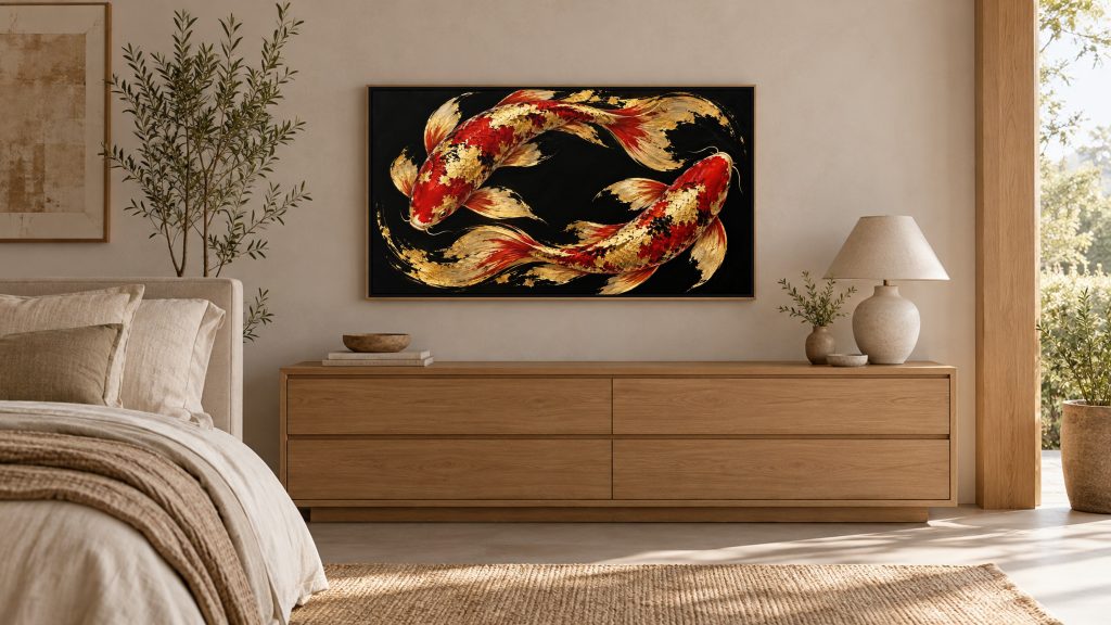 Black and Gold Koi from Above shown on a wall-mounted 16:9 TV in a bedroom