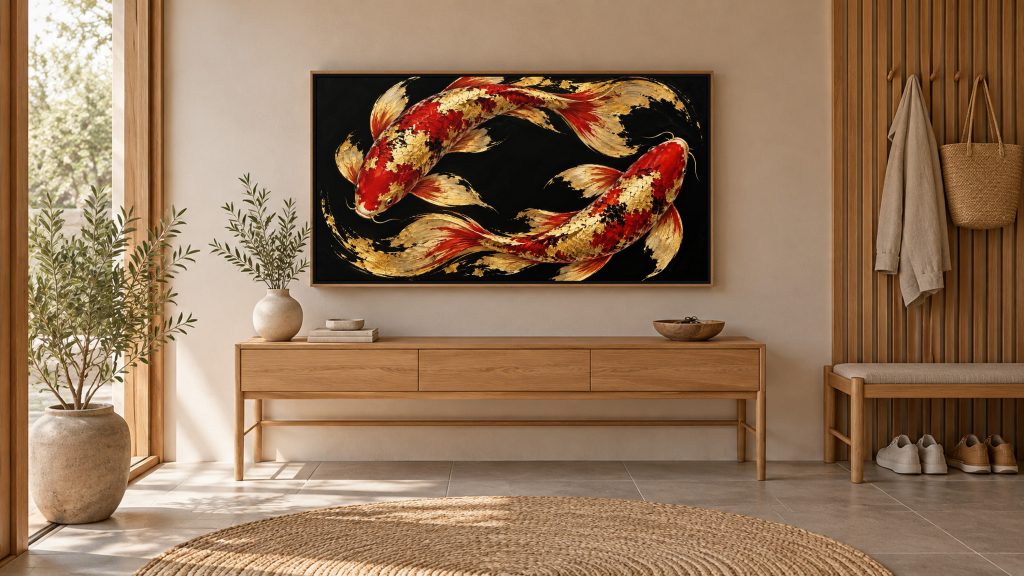 Black and Gold Koi from Above shown on a wall-mounted 16:9 TV in an entryway