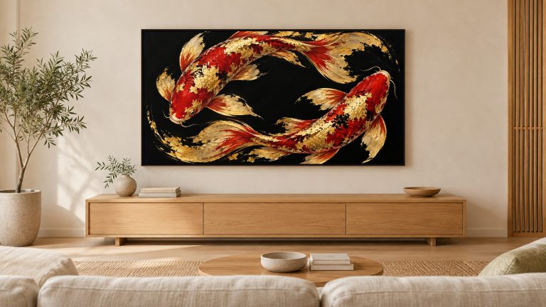 Black and Gold Koi from Above shown on a wall-mounted 16:9 TV in a living room