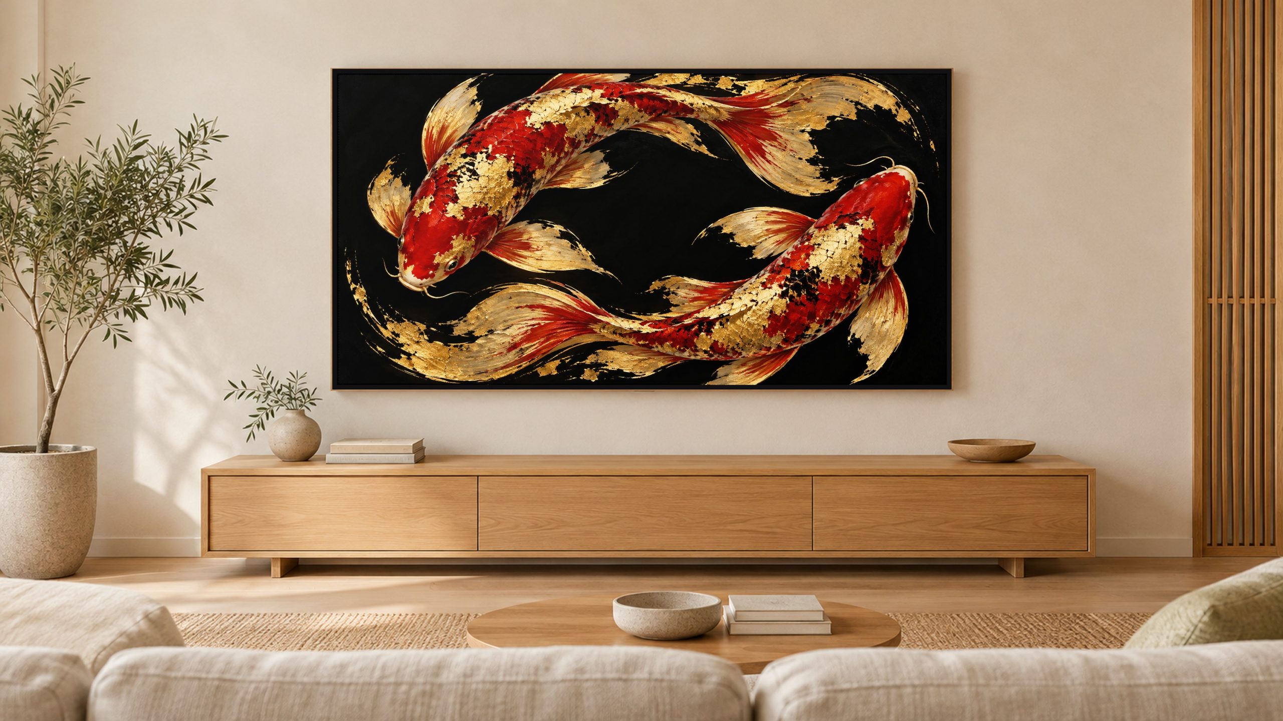 Black and Gold Koi from Above shown on a wall-mounted 16:9 TV in a living room
