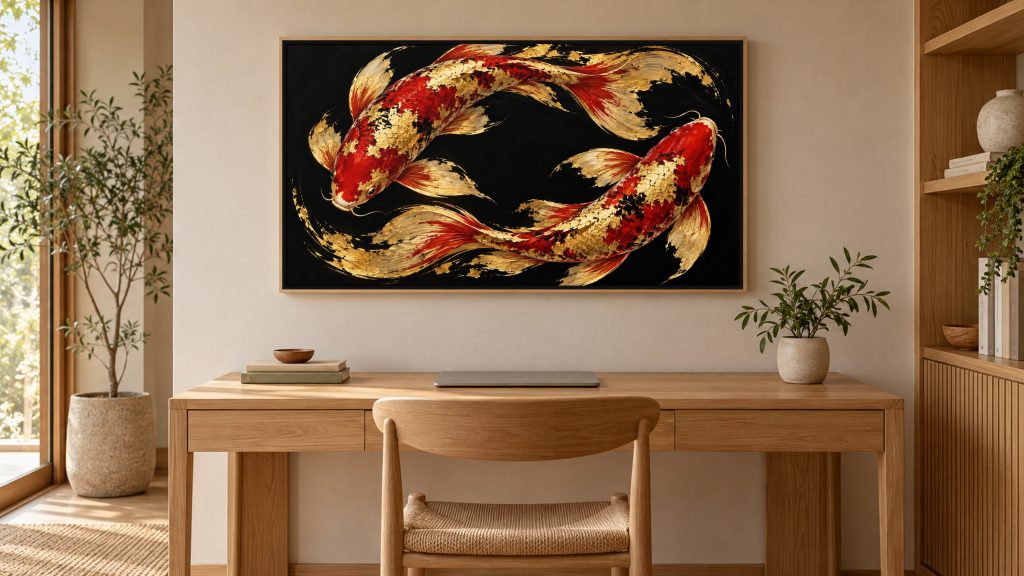 Black and Gold Koi from Above shown on a wall-mounted 16:9 TV in a home office