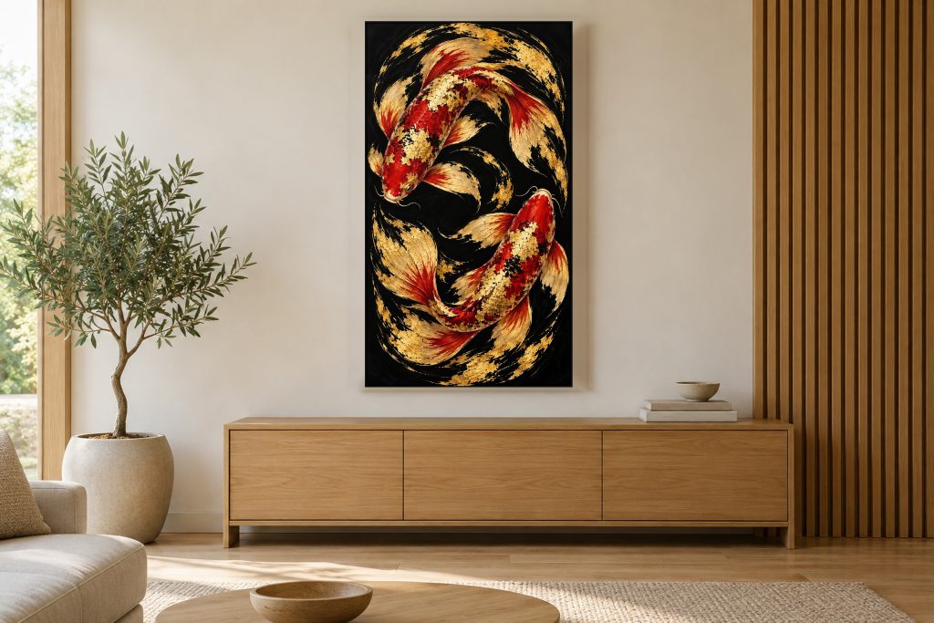 Black and Gold Koi from Above shown on a vertically mounted TV in a room setting