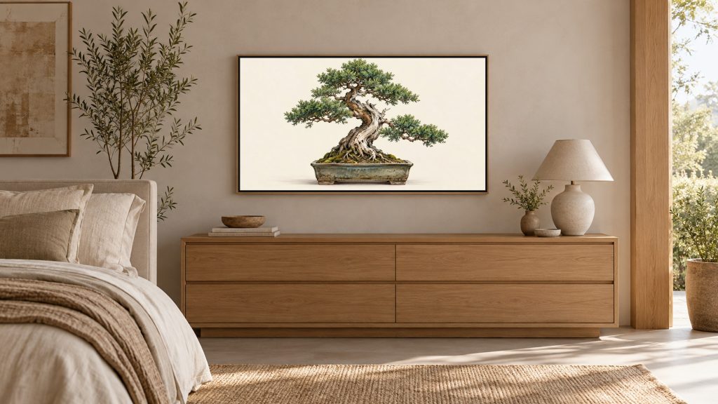 Bonsai Tree Gallery Study shown on a wall-mounted 16:9 TV in a bedroom