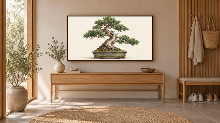 Bonsai Tree Gallery Study shown on a wall-mounted 16:9 TV in an entryway