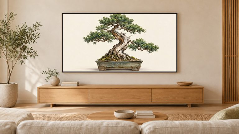 Bonsai Tree Gallery Study shown on a wall-mounted 16:9 TV in a living room