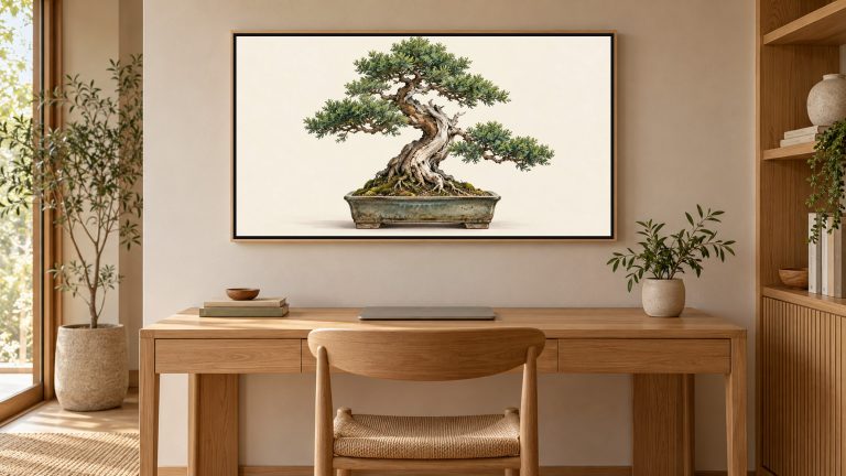 Bonsai Tree Gallery Study shown on a wall-mounted 16:9 TV in a home office