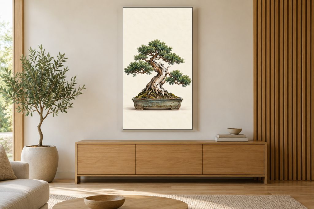 Bonsai Tree Gallery Study shown on a vertically mounted TV in a room setting
