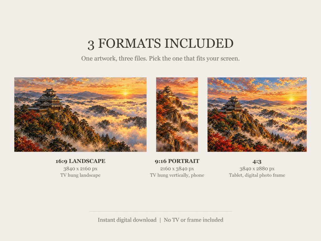 Japanese Castle Above a Sea of Clouds: the three included formats, 16:9, 9:16 and 4:3