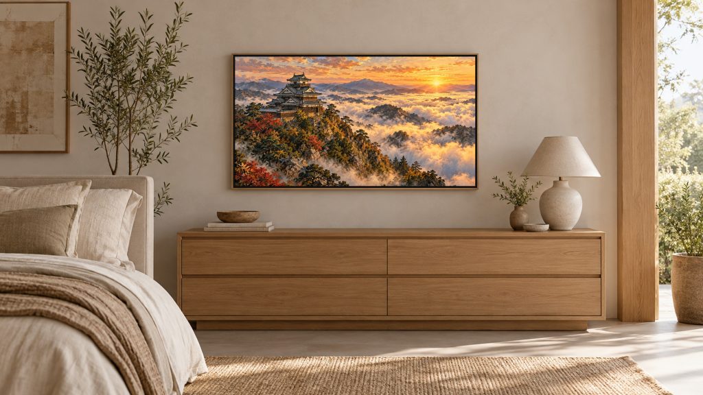 Japanese Castle Above a Sea of Clouds shown on a wall-mounted 16:9 TV in a bedroom
