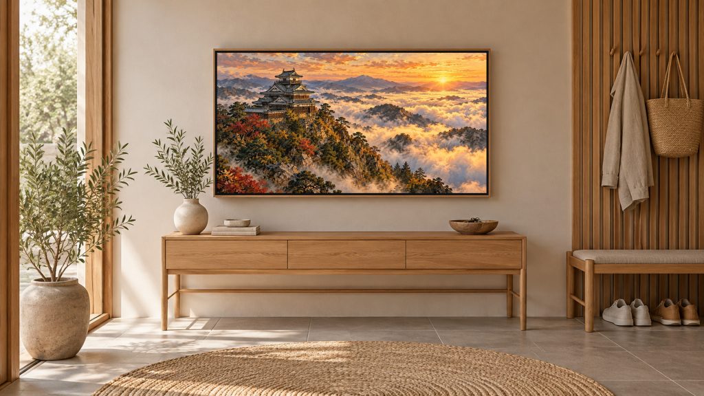 Japanese Castle Above a Sea of Clouds shown on a wall-mounted 16:9 TV in an entryway