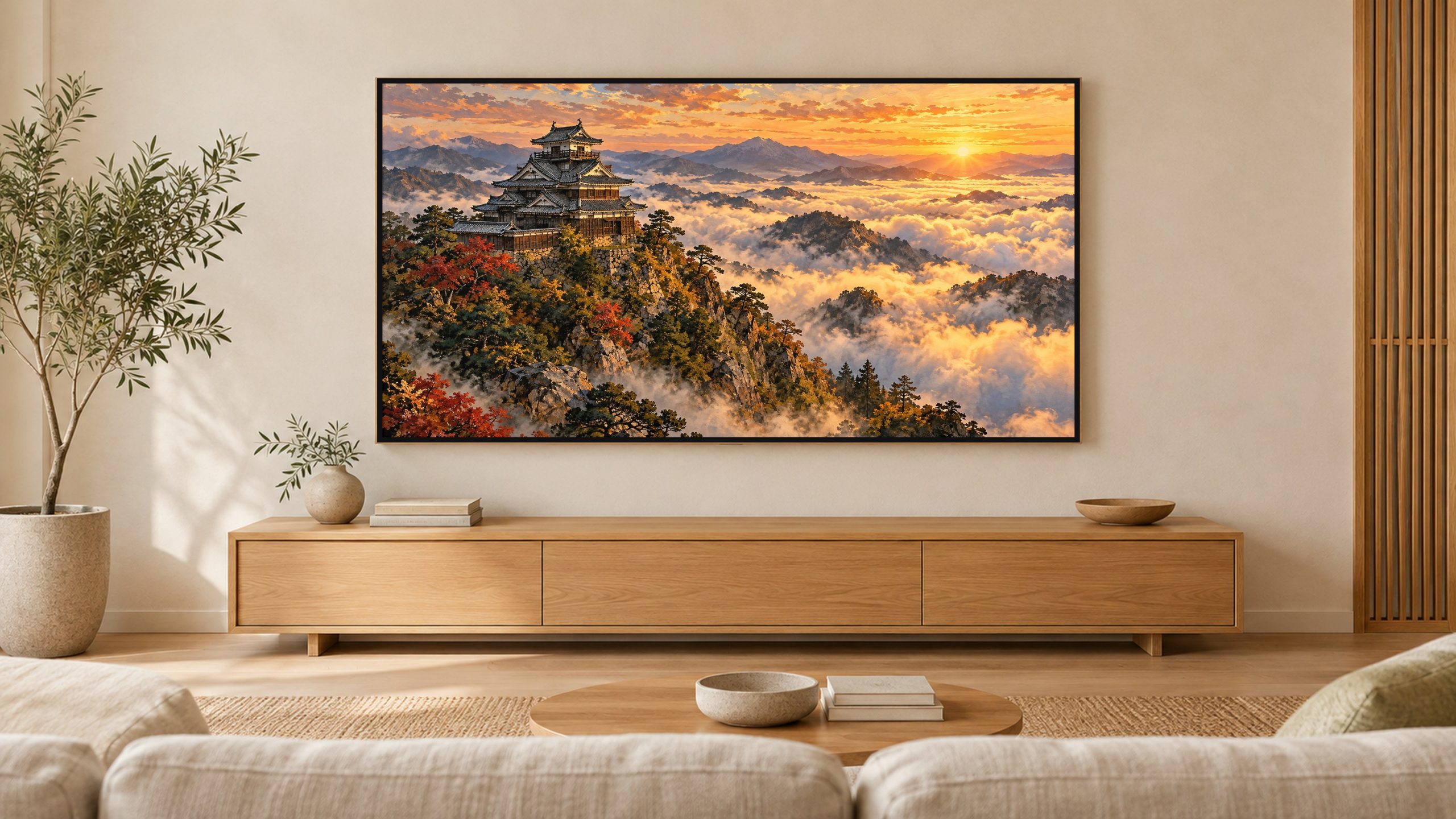 Japanese Castle Above a Sea of Clouds shown on a wall-mounted 16:9 TV in a living room
