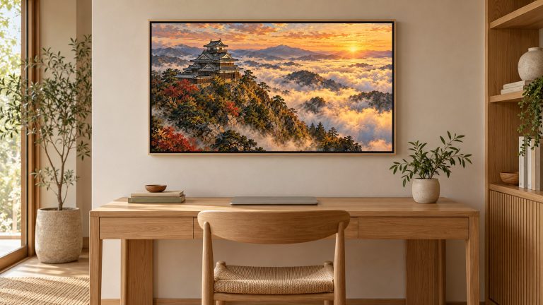 Japanese Castle Above a Sea of Clouds shown on a wall-mounted 16:9 TV in a home office