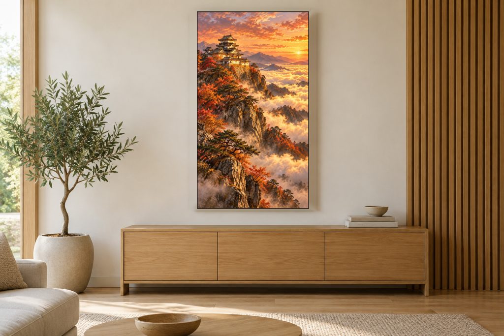 Japanese Castle Above a Sea of Clouds shown on a vertically mounted TV in a room setting