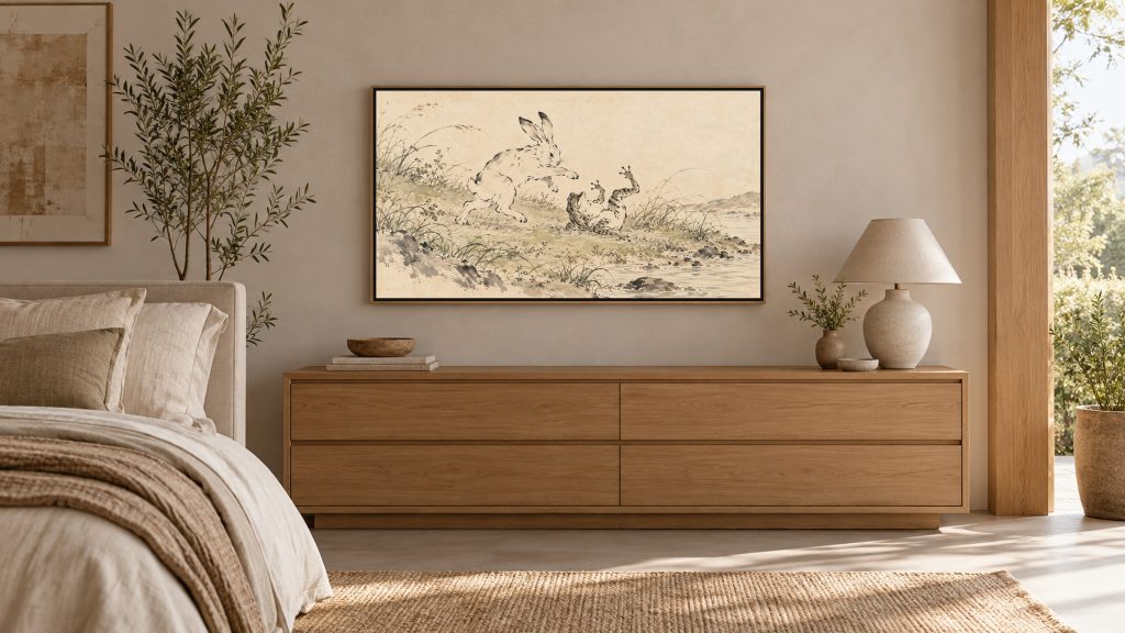 Rabbit and Frog at Play shown on a wall-mounted 16:9 TV in a bedroom
