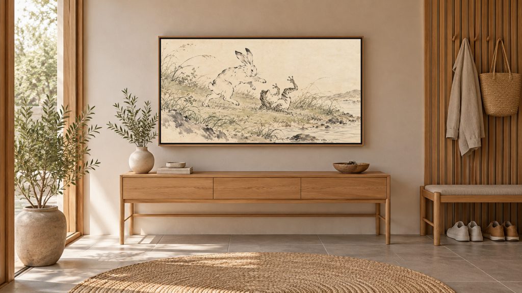 Rabbit and Frog at Play shown on a wall-mounted 16:9 TV in an entryway