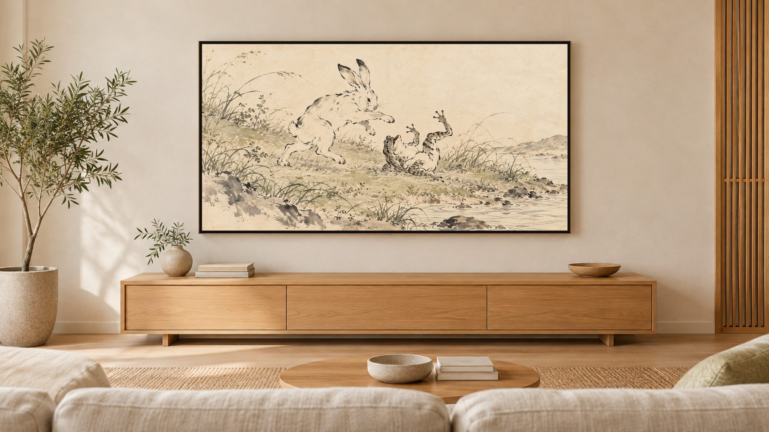 Rabbit and Frog at Play shown on a wall-mounted 16:9 TV in a living room