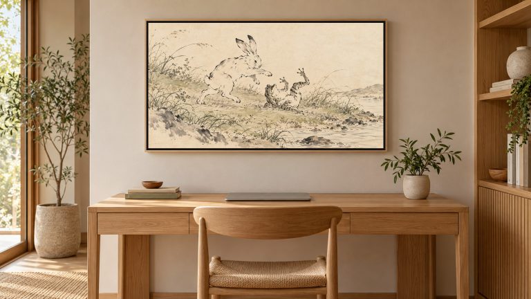 Rabbit and Frog at Play shown on a wall-mounted 16:9 TV in a home office