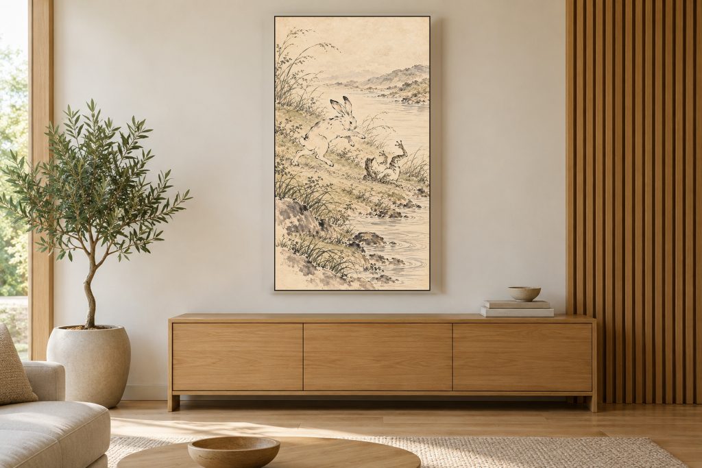 Rabbit and Frog at Play shown on a vertically mounted TV in a room setting
