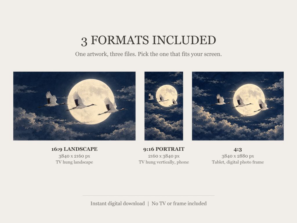 Cranes Flying Across the Moon: the three included formats, 16:9, 9:16 and 4:3