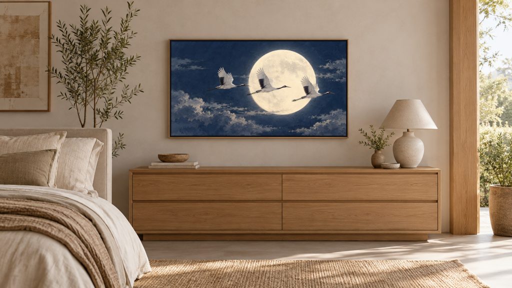 Cranes Flying Across the Moon shown on a wall-mounted 16:9 TV in a bedroom