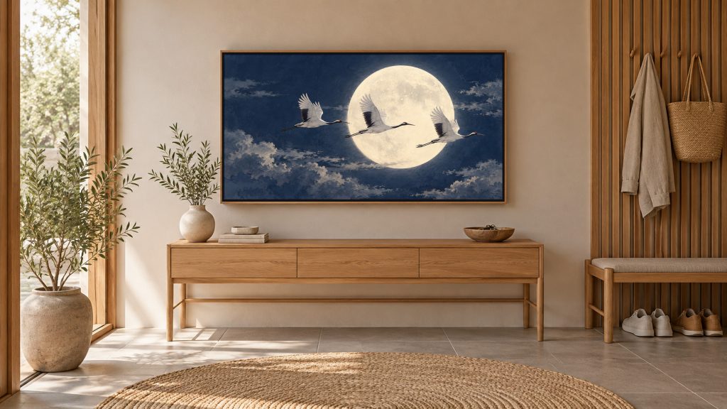 Cranes Flying Across the Moon shown on a wall-mounted 16:9 TV in an entryway