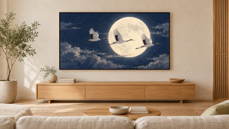 Cranes Flying Across the Moon shown on a wall-mounted 16:9 TV in a living room