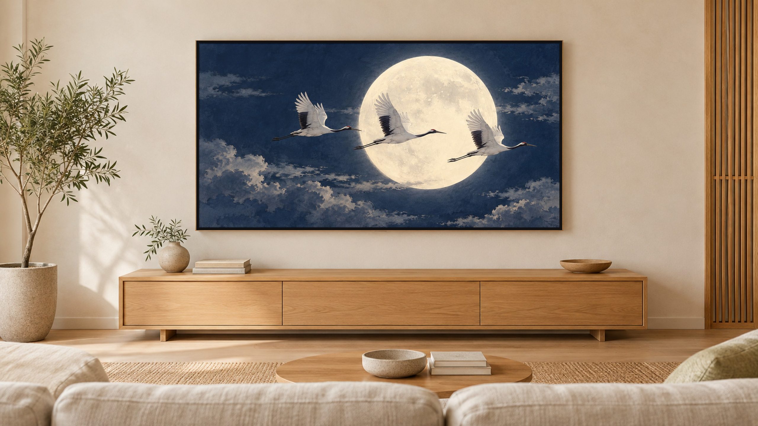 Cranes Flying Across the Moon shown on a wall-mounted 16:9 TV in a living room
