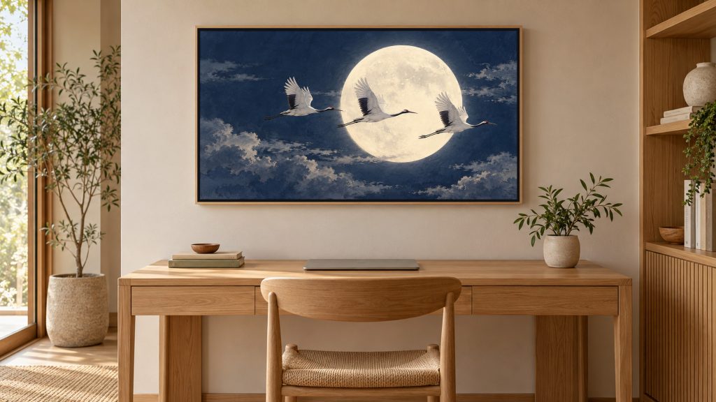 Cranes Flying Across the Moon shown on a wall-mounted 16:9 TV in a home office