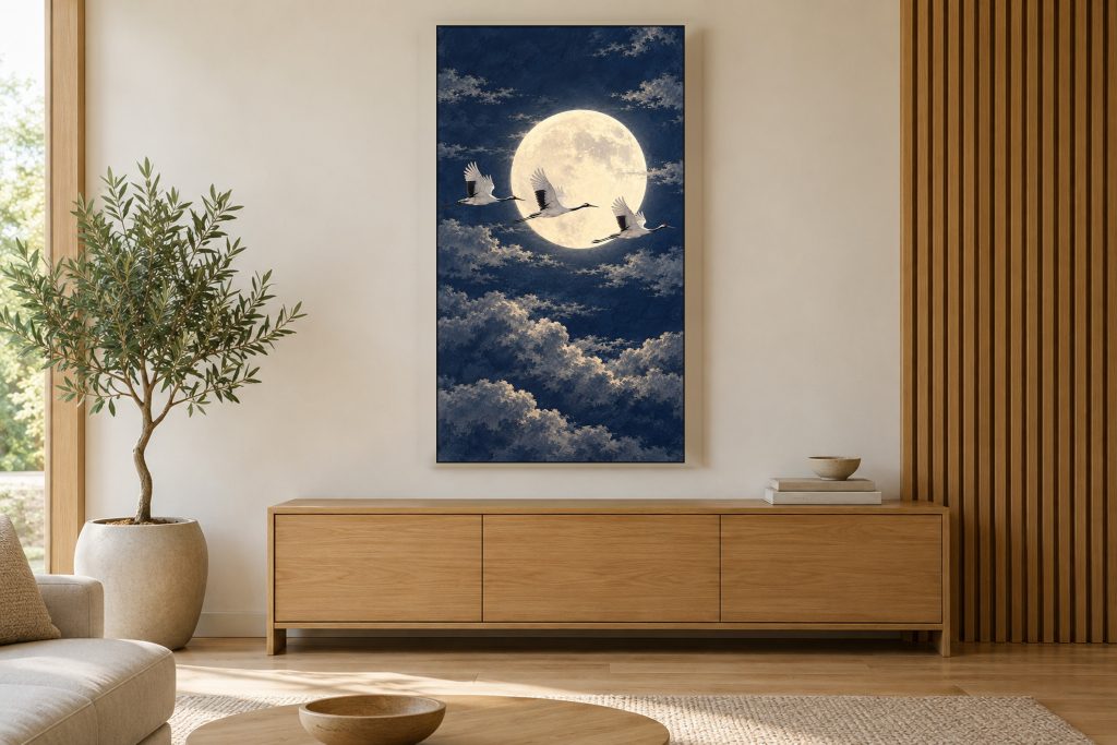 Cranes Flying Across the Moon shown on a vertically mounted TV in a room setting