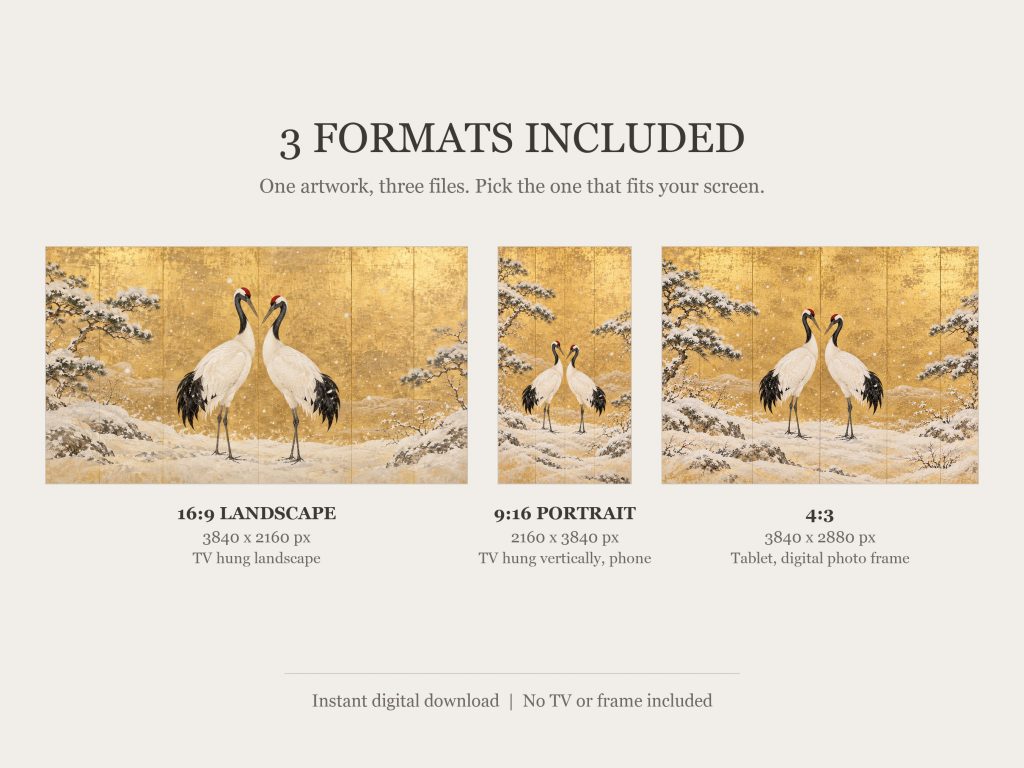 Pair of Red-crowned Cranes in Snow: the three included formats, 16:9, 9:16 and 4:3