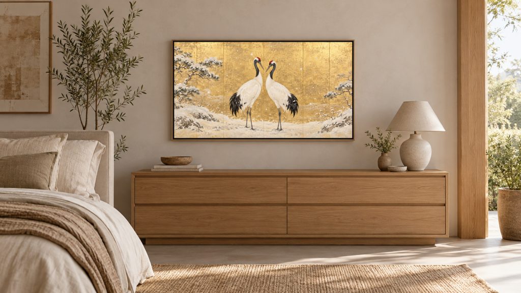 Pair of Red-crowned Cranes in Snow shown on a wall-mounted 16:9 TV in a bedroom
