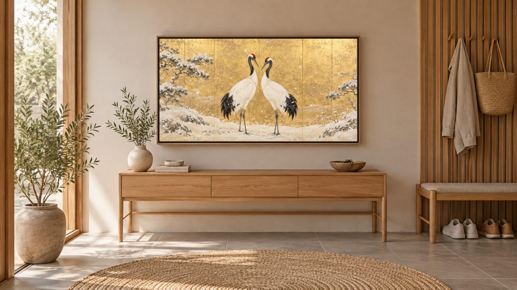 Pair of Red-crowned Cranes in Snow shown on a wall-mounted 16:9 TV in an entryway