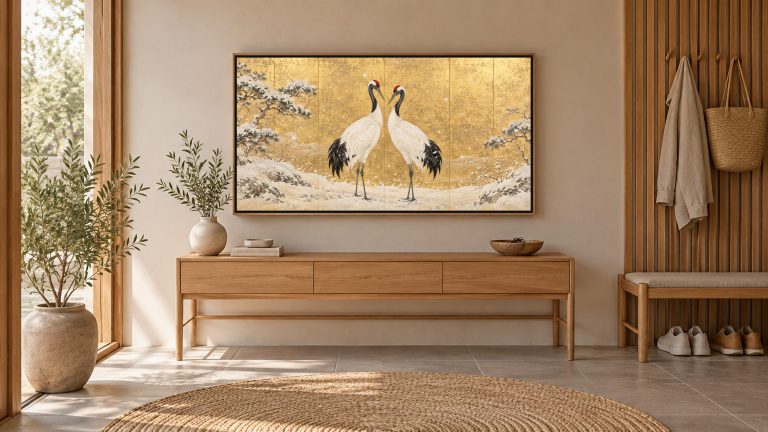 Pair of Red-crowned Cranes in Snow shown on a wall-mounted 16:9 TV in an entryway